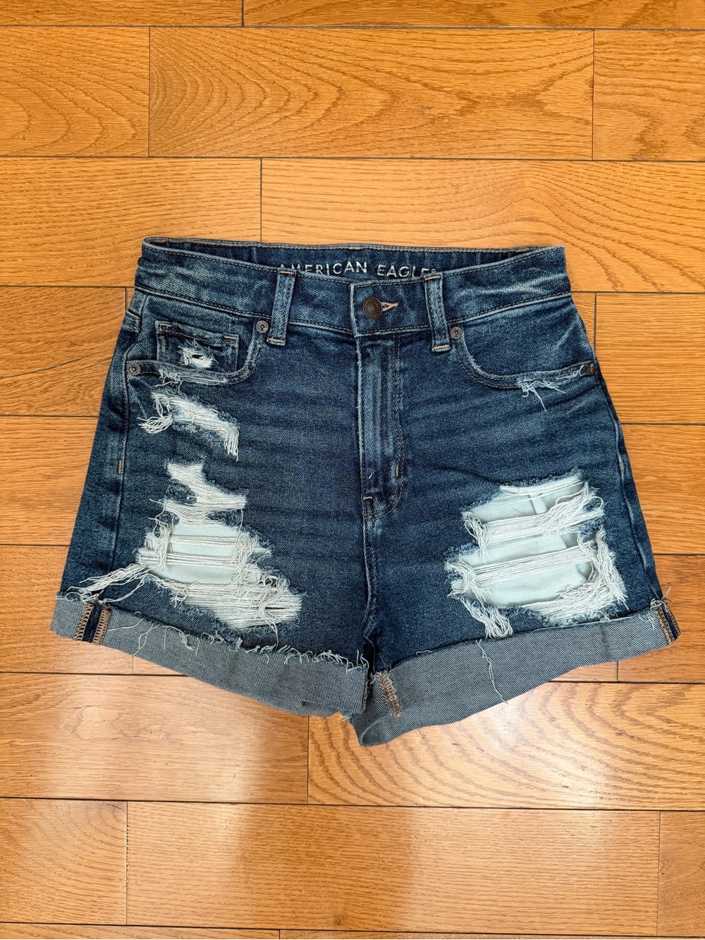 American Eagle Outfitters Dark Blue Distressed High-Rise Jean Shorts